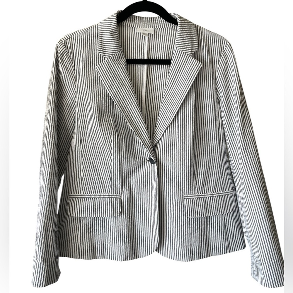 J. Jill Seersucker Blazer Petite Small Gray White Stripe Lightweight Preppy PS